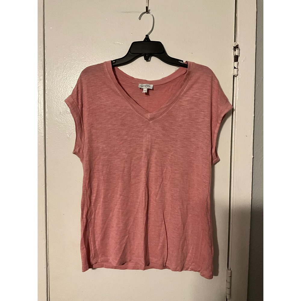 Jessica Simpson Womens Rose Pink V-Neck Slub Knit Short Sleeve Tee Shirt Small